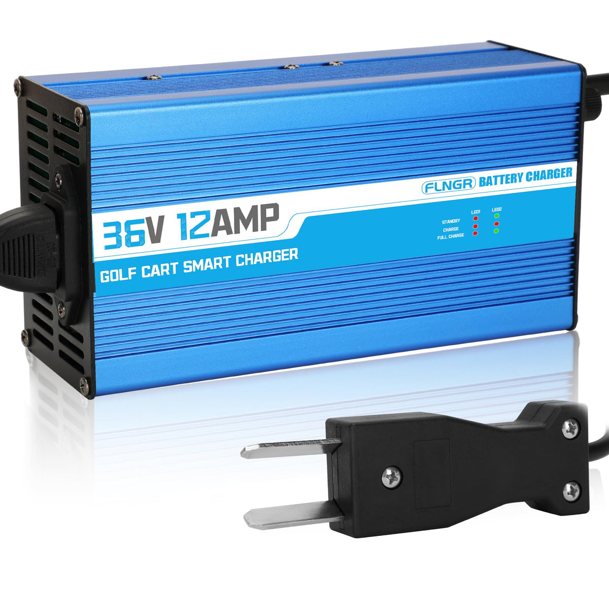 Flngr 12-amp 36V golf cart charger front view shows fast charging capability.