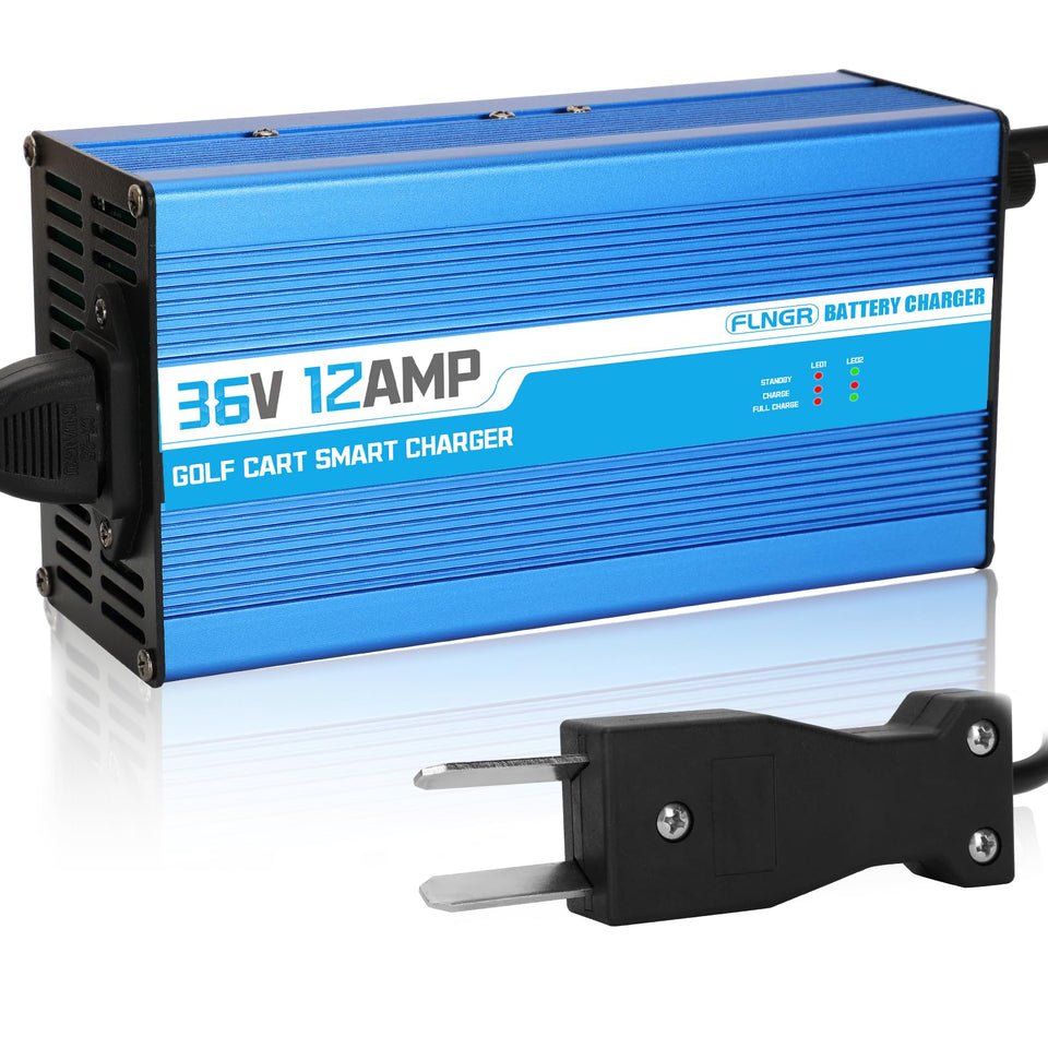 Flngr 12-amp 36V golf cart charger front view shows fast charging capability.