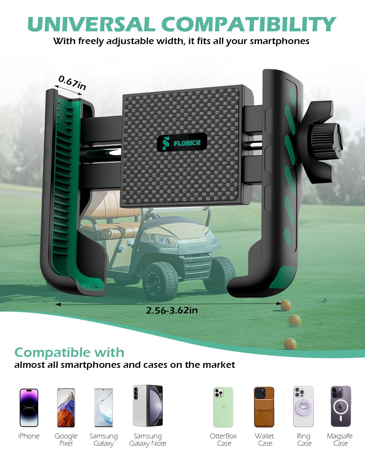 FLORICH universal smartphone fit accommodates iPhone, Galaxy, and Pixel securely