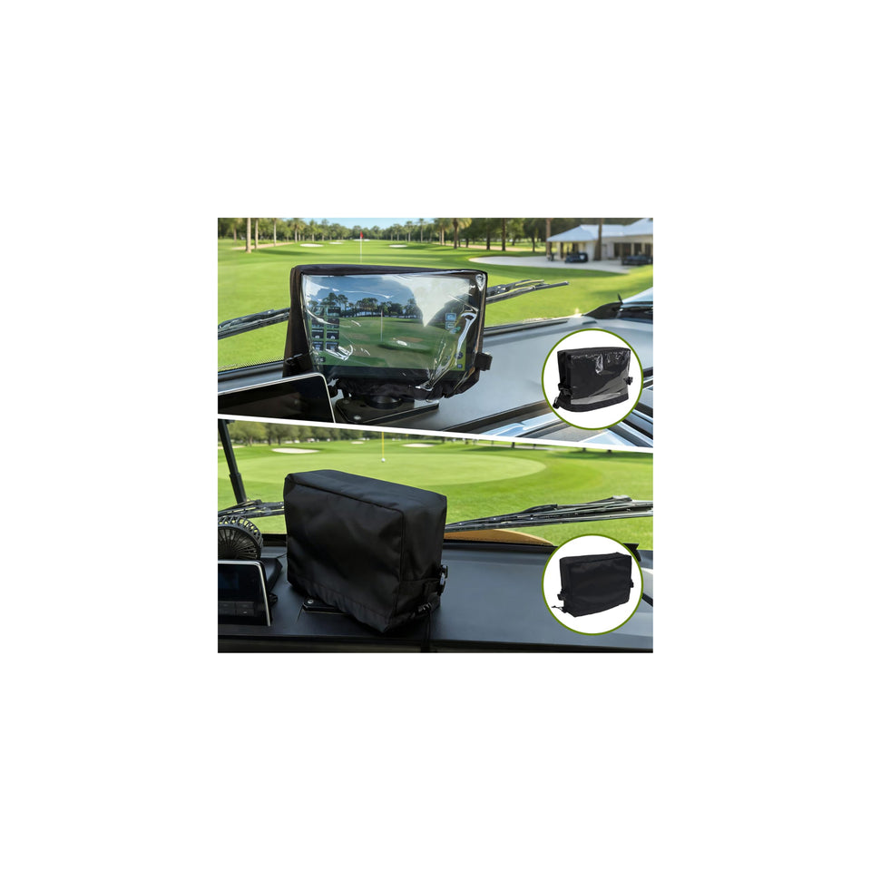 Flwgst front view touchscreen cover protecting the golf cart screen from weather.