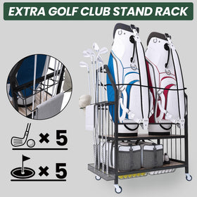 FLYJOE movable lockable wheels on a golf bag rack enable easy indoor and outdoor mobility