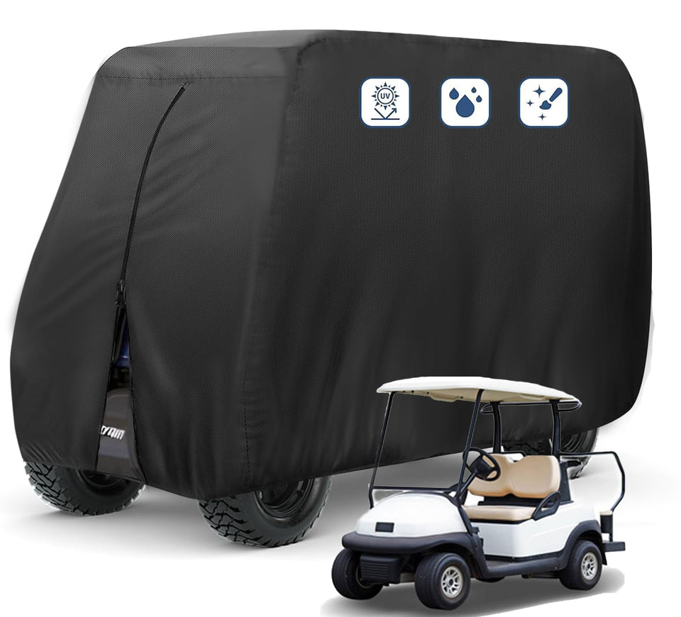 FLYMEI 2-seat golf cart cover front view protects against sun and rain.