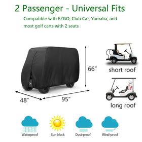 FLYMEI 2-seat golf cart cover side view with windproof strap.