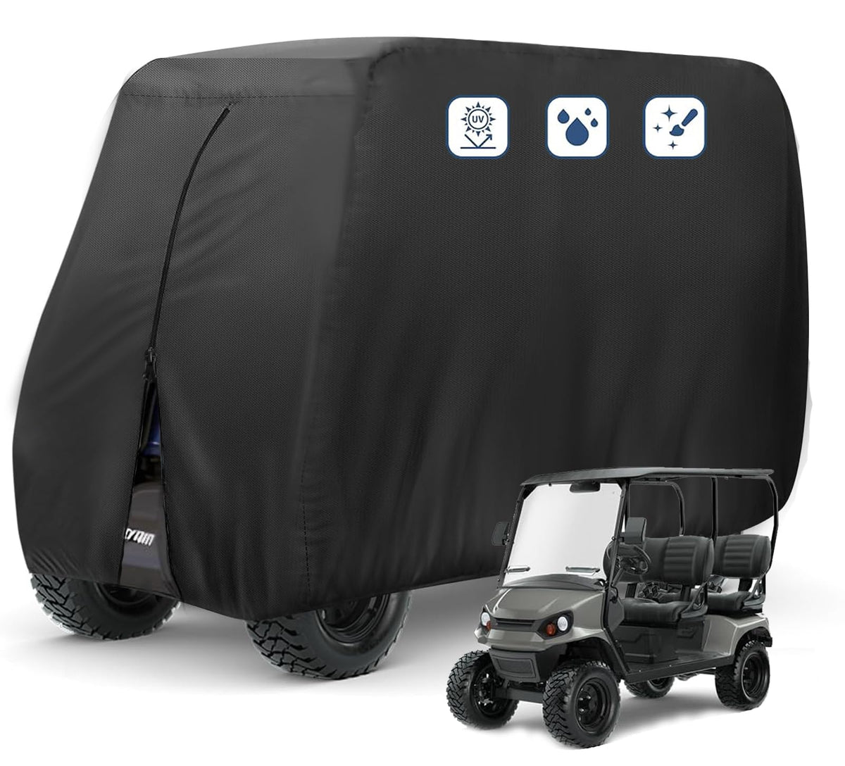 FLYMEI 4-Person Golf Cart Cover front view protects from sun and rain.