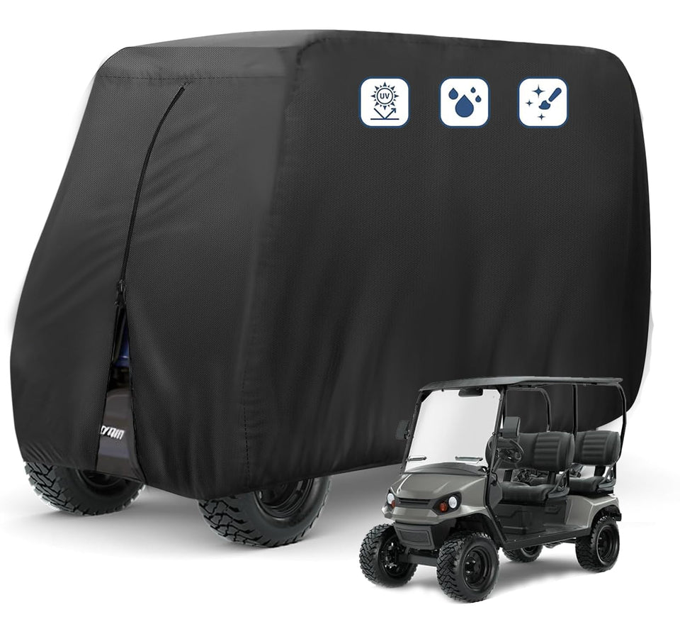 FLYMEI 4-Person Golf Cart Cover front view protects from sun and rain.