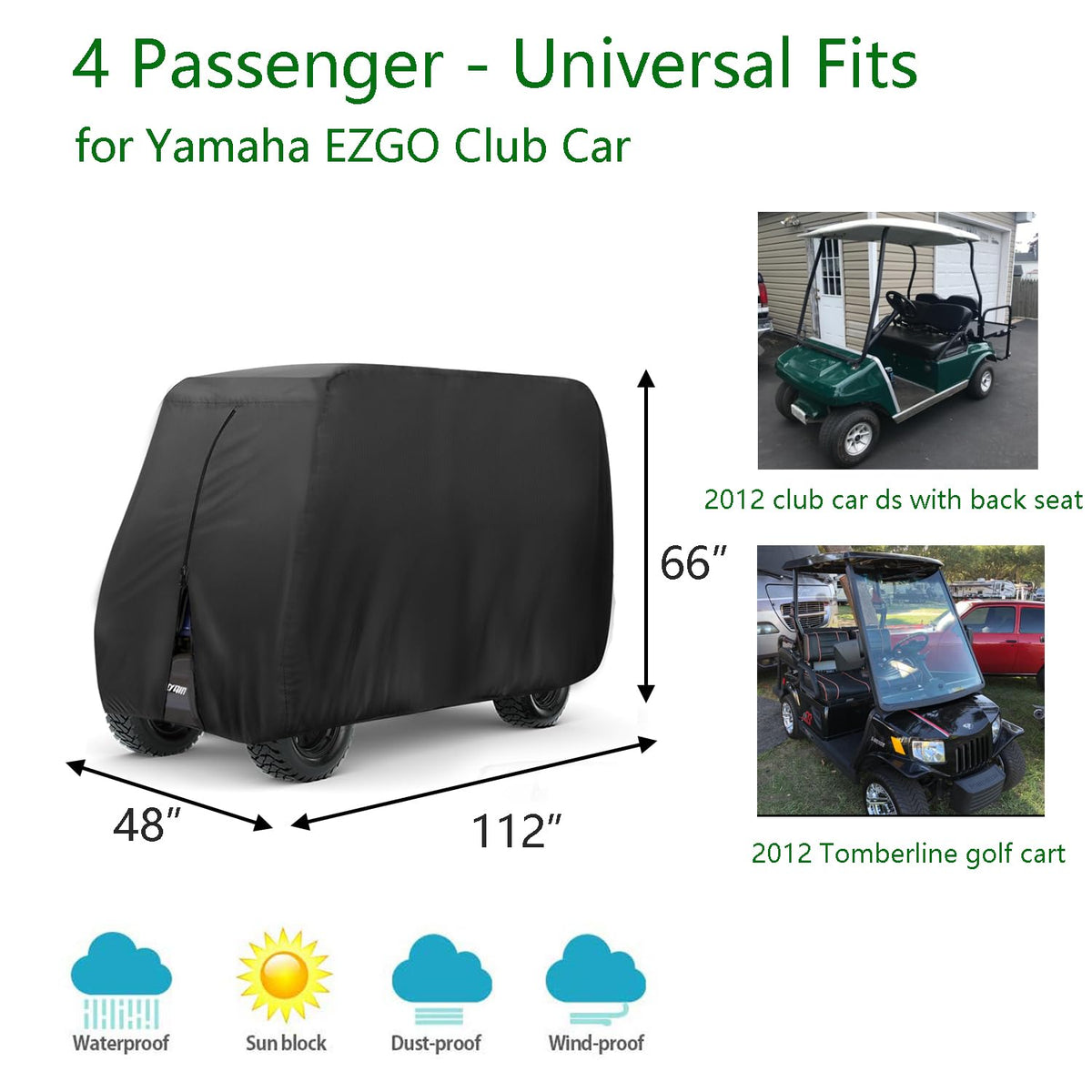 FLYMEI 4-Person Golf Cart Cover side view keeps dust off during storage.