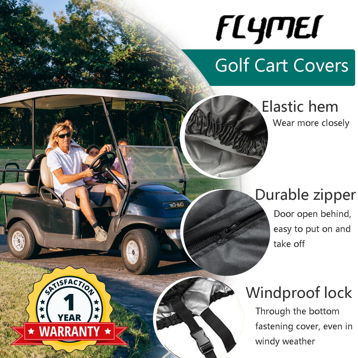 FLYMEI 4-Person Golf Cart Cover waterproof fabric blocks moisture.