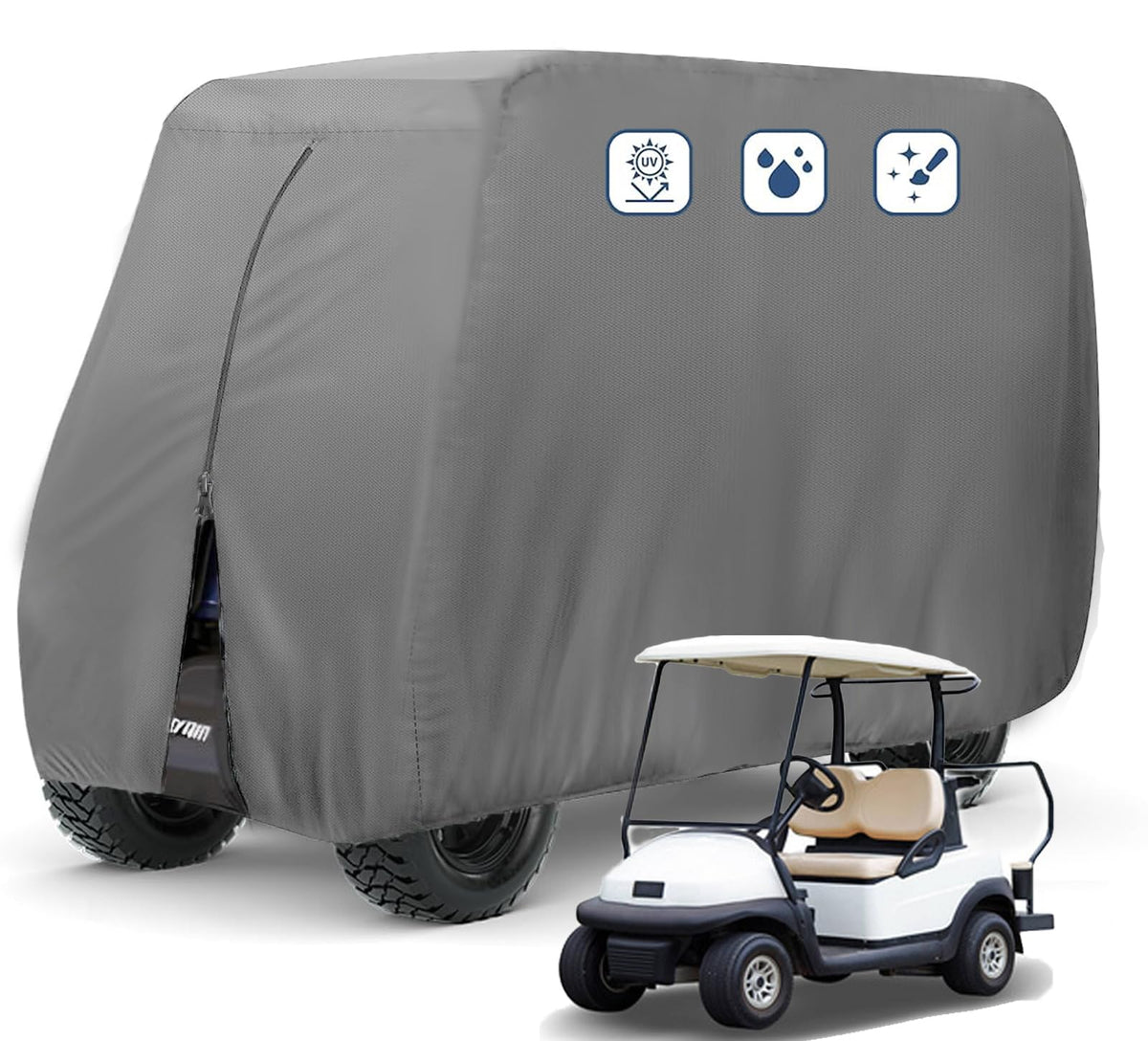 FLYMEI 2-passenger golf cart cover in front view protecting against rain and sun.