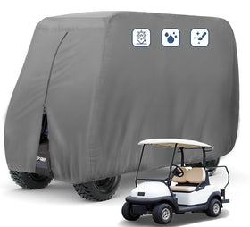 FLYMEI 2-passenger golf cart cover in front view protecting against rain and sun.