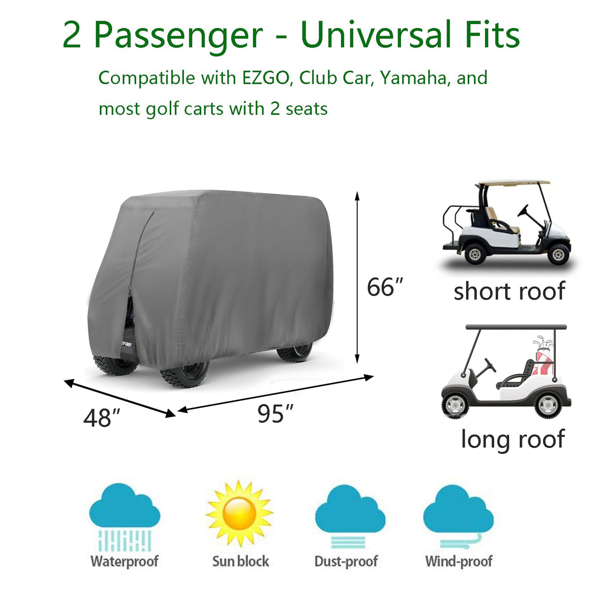 FLYMEI golf cart cover side view demonstrates universal fit for EZGO, Club Car, Yamaha.