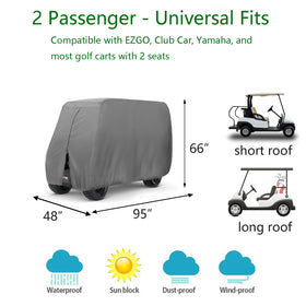 FLYMEI golf cart cover side view demonstrates universal fit for EZGO, Club Car, Yamaha.
