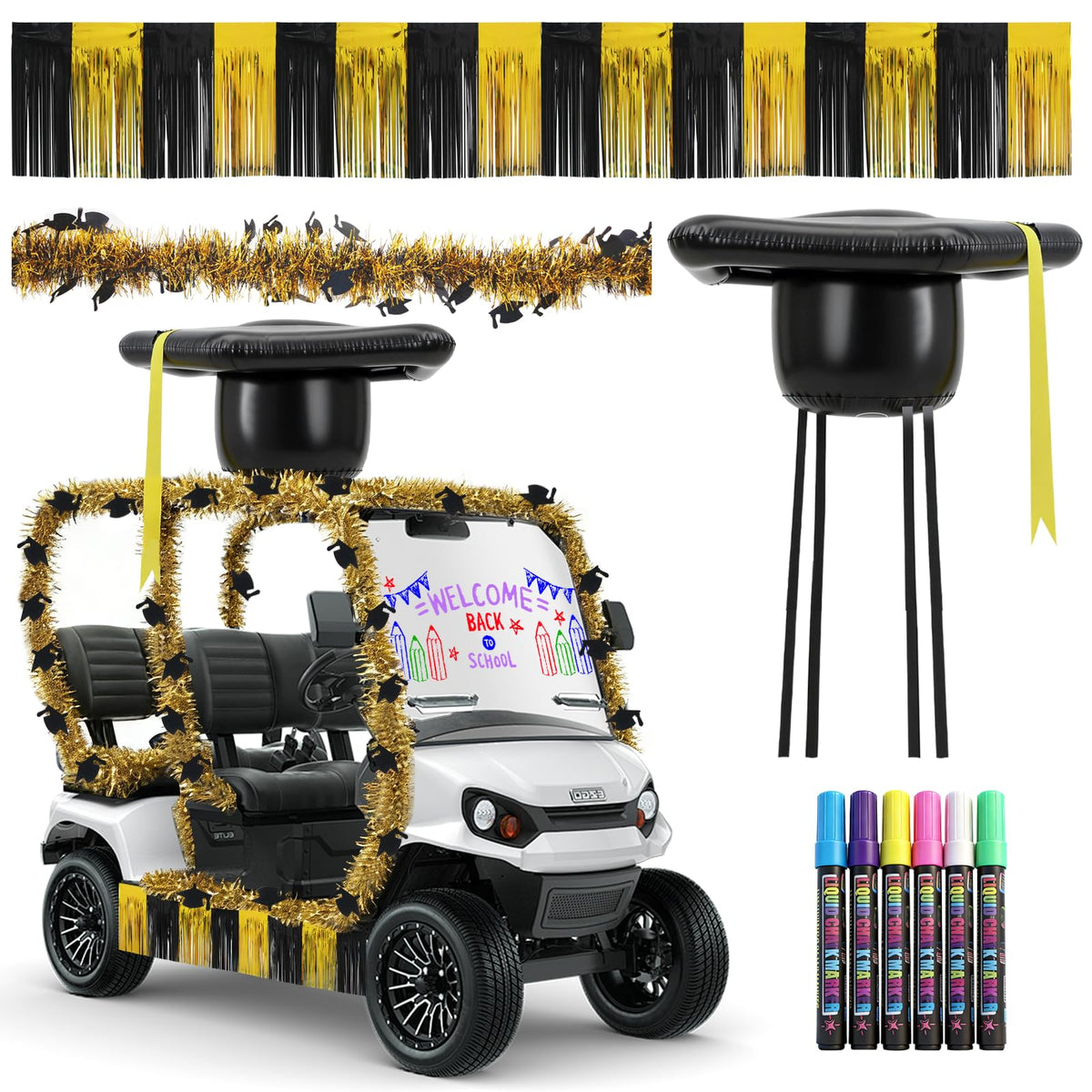 FnerzTran inflatable graduation hat in gold and black for cart decor and photos