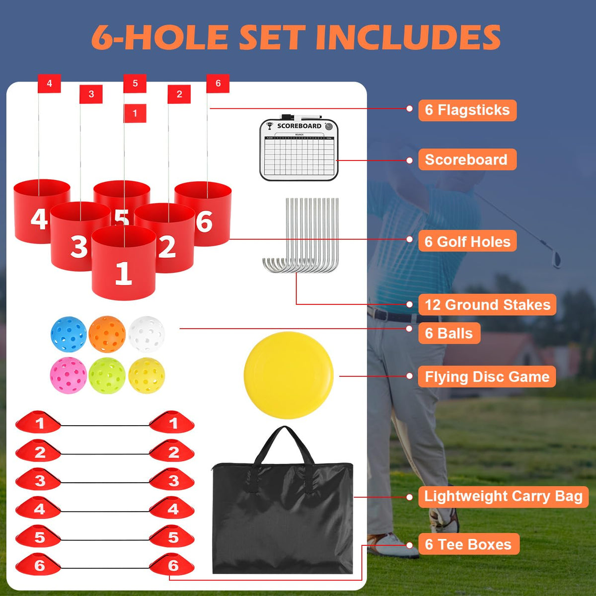 FOOING Golf Game 6-Hole Set balls for fast setup and scoring fun