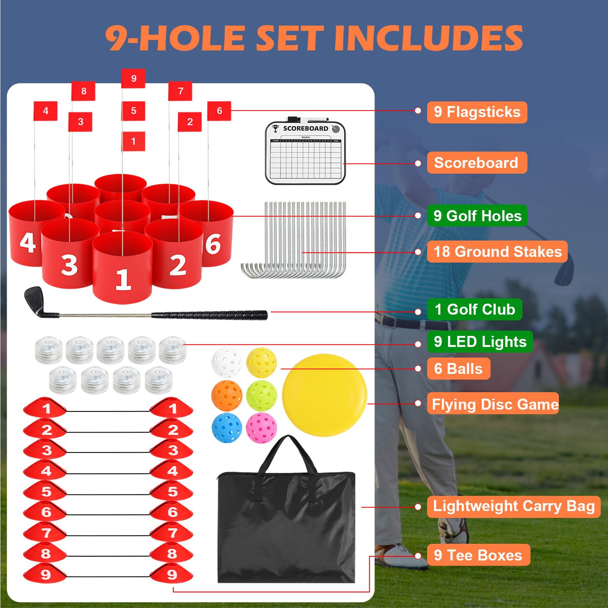 Fooing tee boxes and ground stakes enable quick, stable setup on lawns.