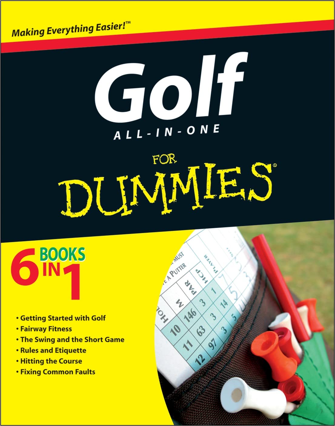 For Dummies Golf All-In-One book cover, guide for beginners to improve golf fundamentals.