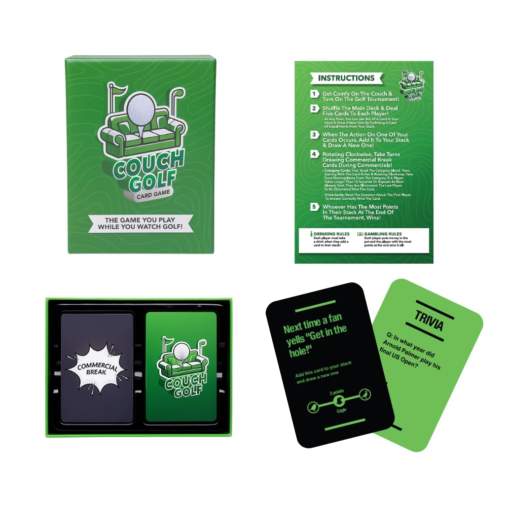 Fore! Cards Couch Golf table with cards ready for a social watch party