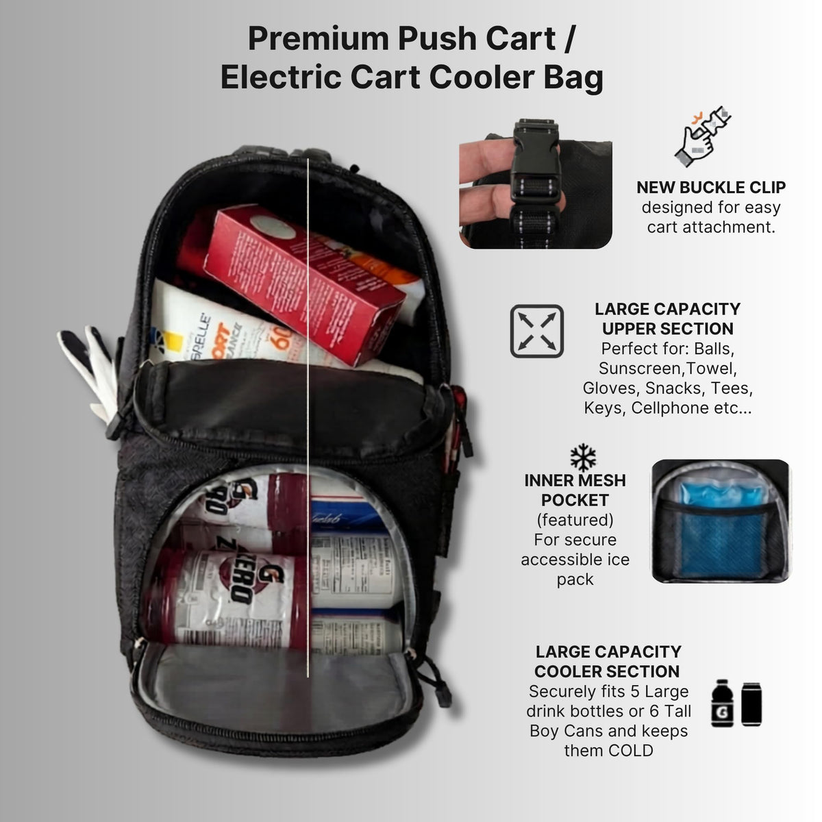 Foretra Golf Push Cart Bag upper storage compartment secures valuables and essentials during rounds