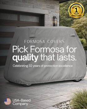 Formosa Covers Deluxe 112-inch length fits 80-inch roof golf carts securely.