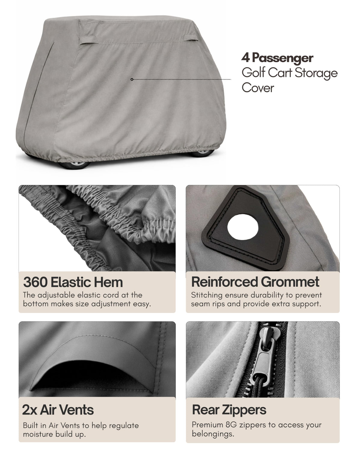 Formosa Covers Deluxe rear-zipper access for easy entry without removal.