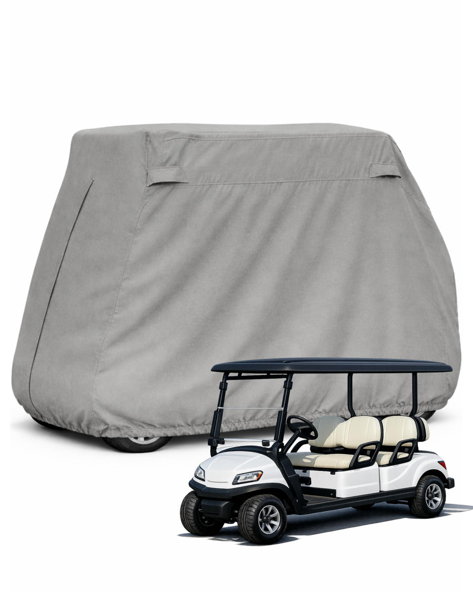 Formosa Covers Deluxe golf cart cover side view showing weather protection.