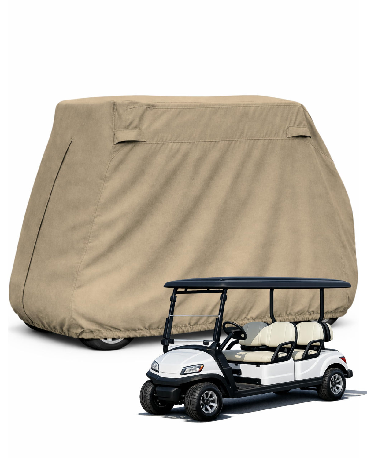 Formosa Covers heavy-duty golf cart cover front view protects 4-passenger carts from sun and rain.