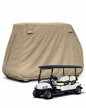 Formosa Covers heavy-duty golf cart cover front view protects 4-passenger carts from sun and rain.