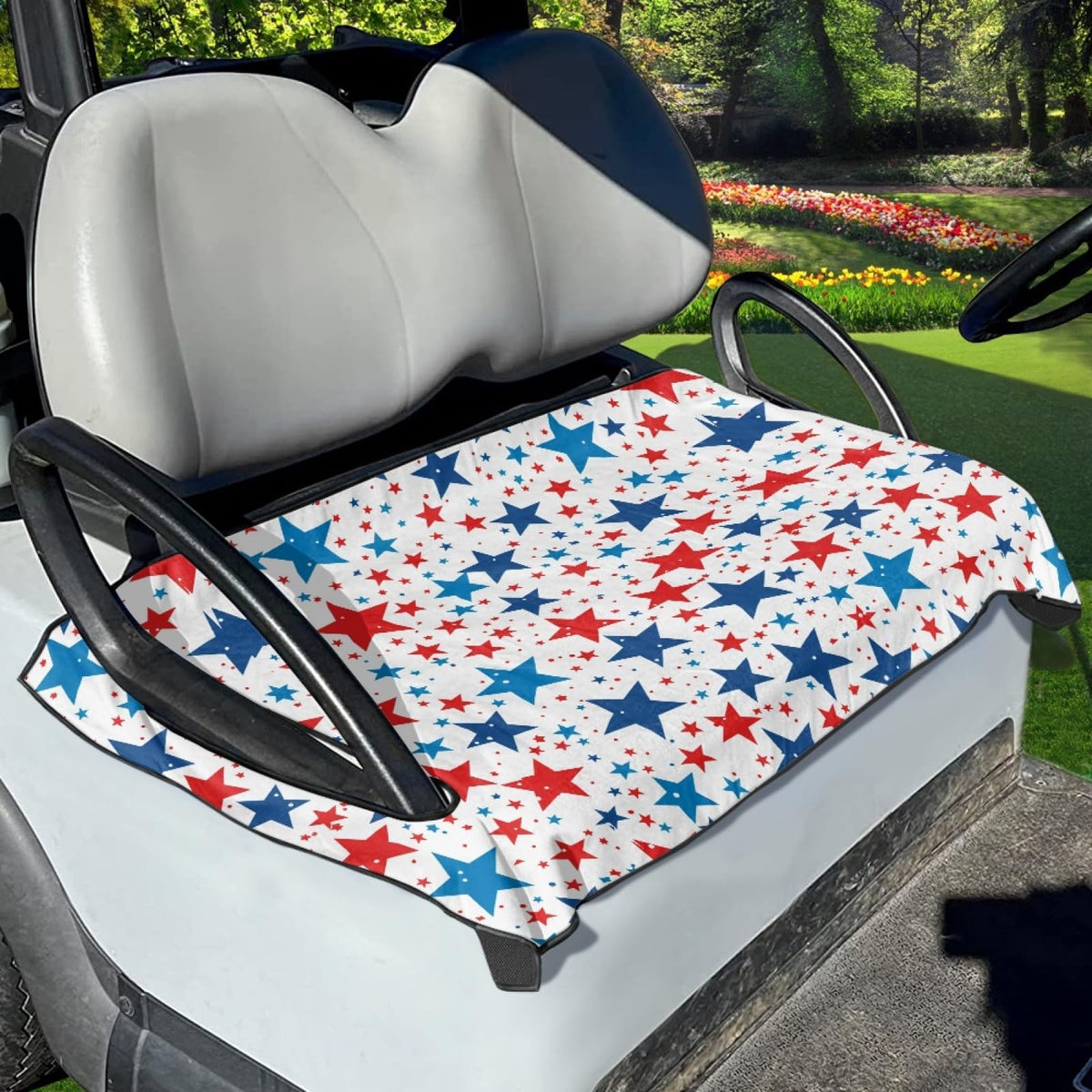Foruidea American Patriotic Stars golf cart seat cover – front view shows universal fit and protection.