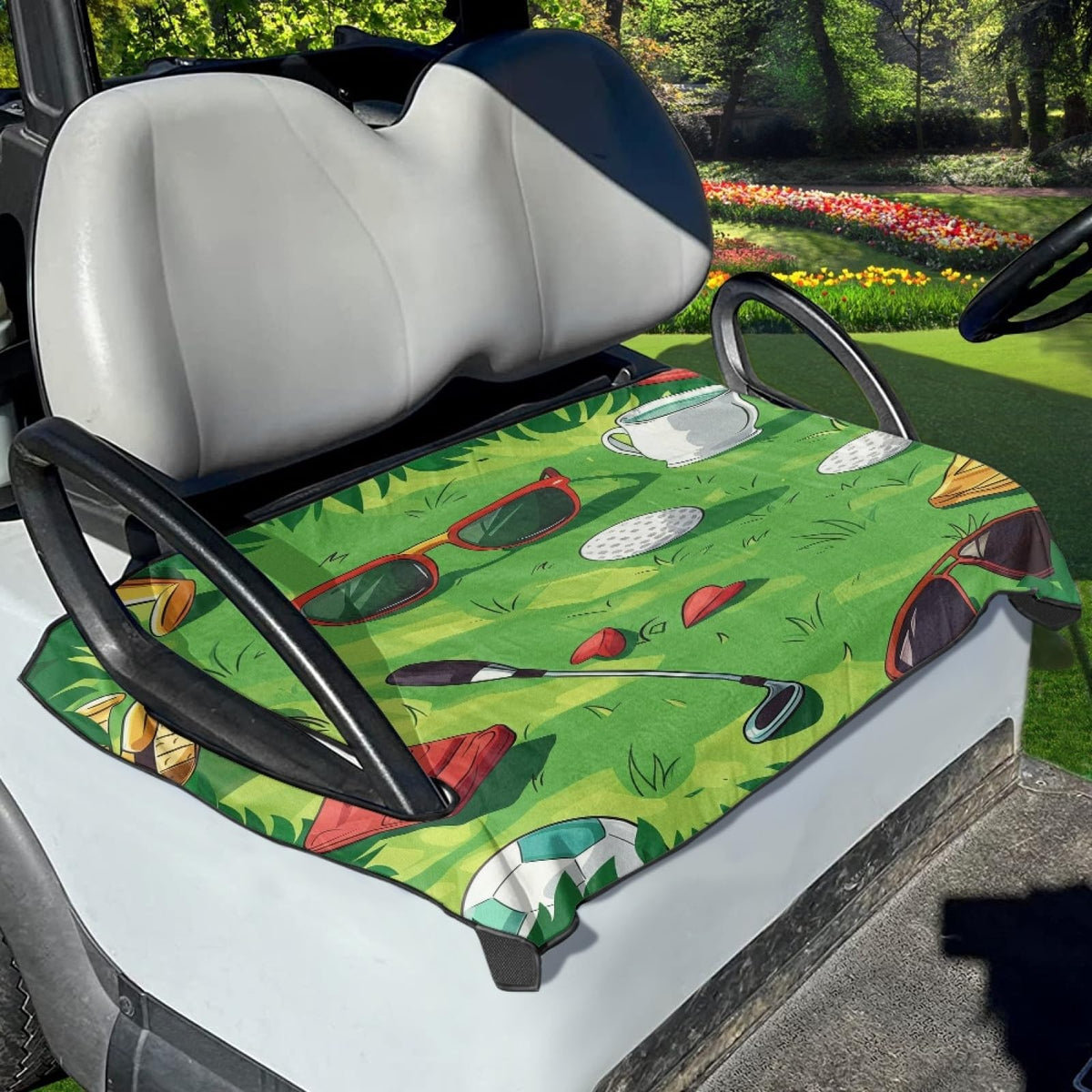 Foruidea cartoon golf green seat cover protects and styles golf cart seats.