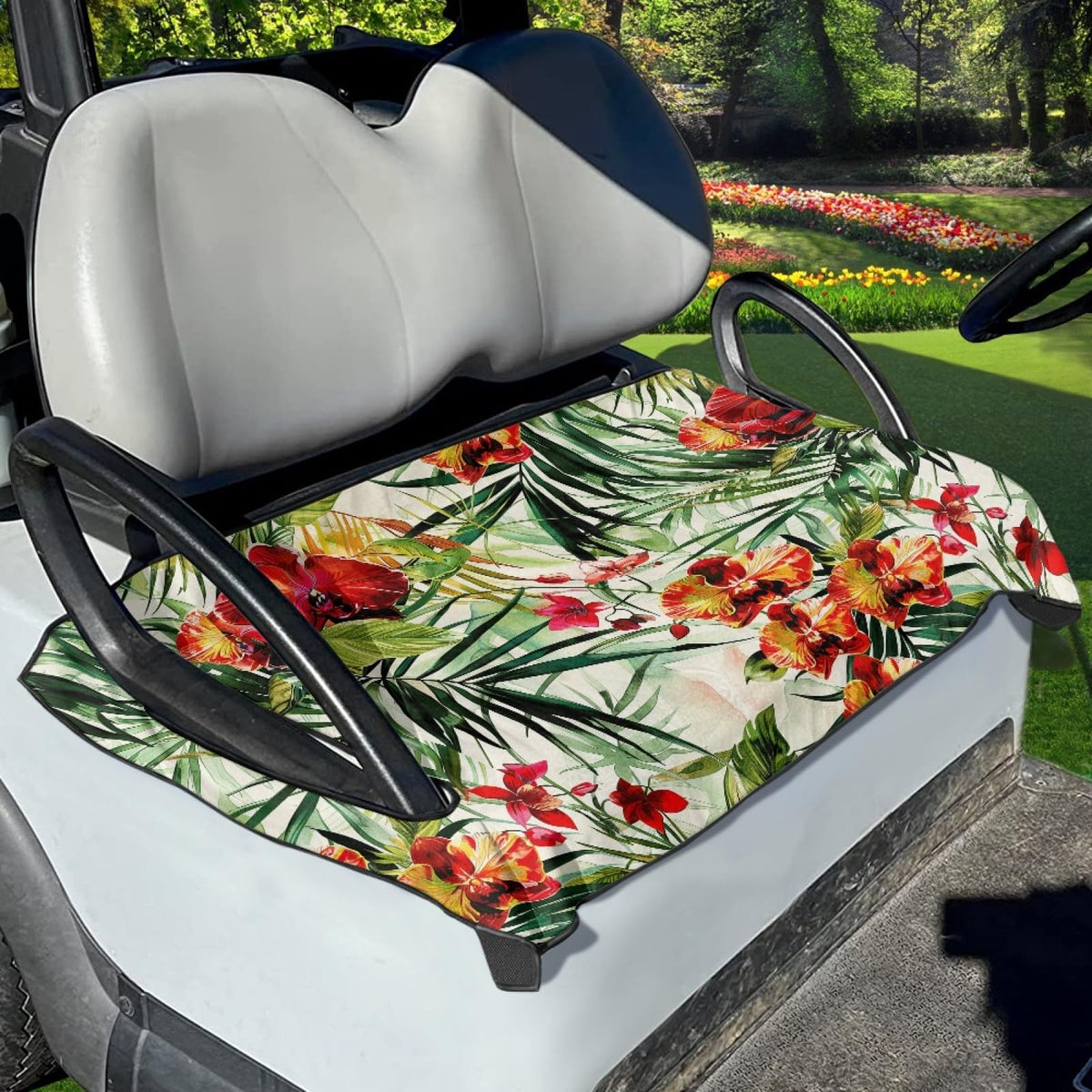 Foruidea Palm Leaves seat cover front view showing universal fit