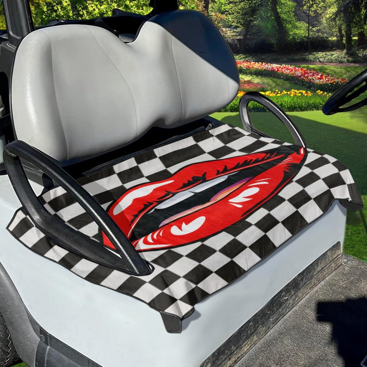 Foruidea red lips golf cart seat cover on a cart seat, protecting and refreshing the interior