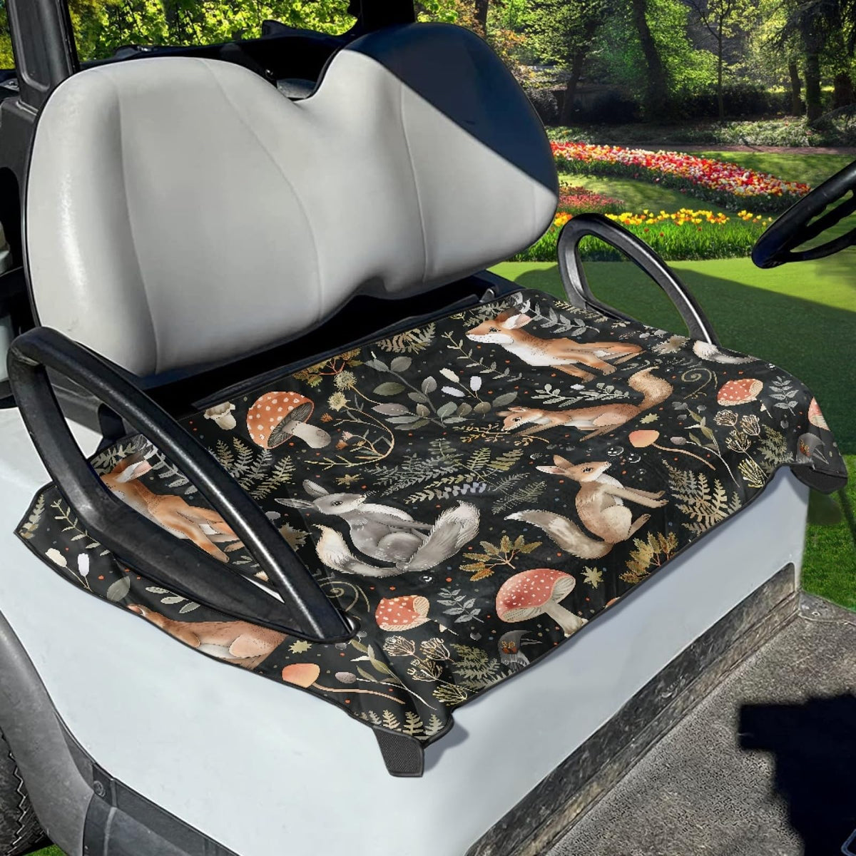 Foruidea Stars seat cover full view protects golf cart seats from dust and sweat.