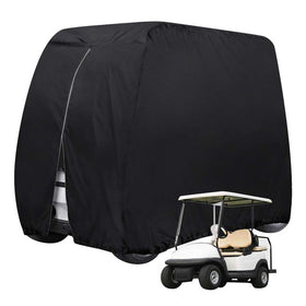 Four-passenger golf cart cover with 108x48x66 inch dimensions protects carts outdoors.
