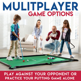 Franklin Sports Billiards Golf family playing together in a living room.