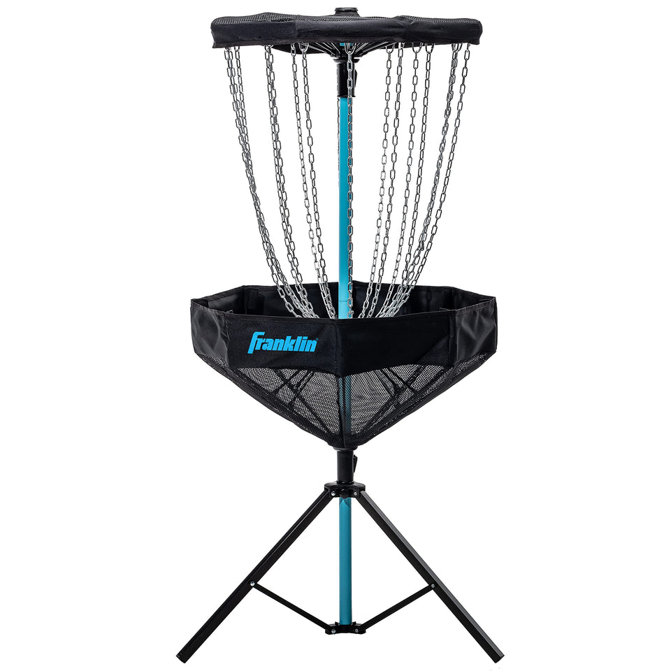 Franklin Sports disc golf basket elite target on grass for backyard practice