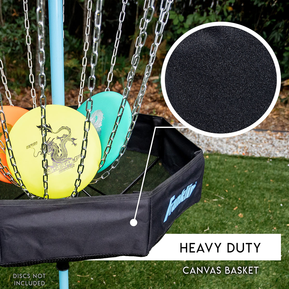 Franklin Sports disc golf basket on grass for versatile use