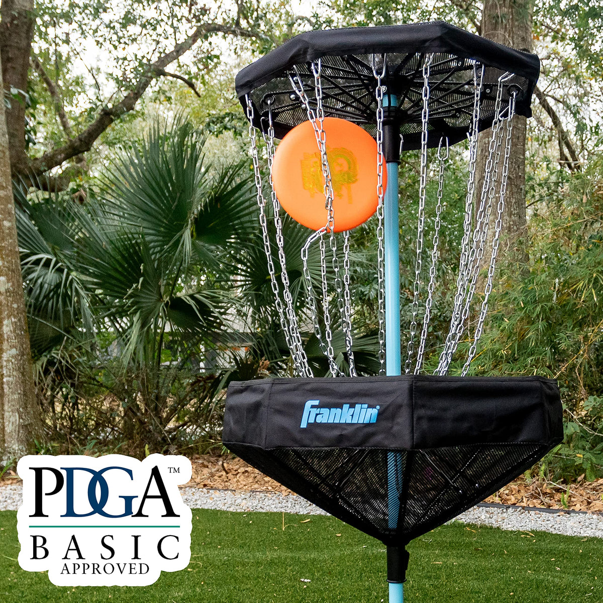 Franklin Sports disc golf basket packaged for easy transport