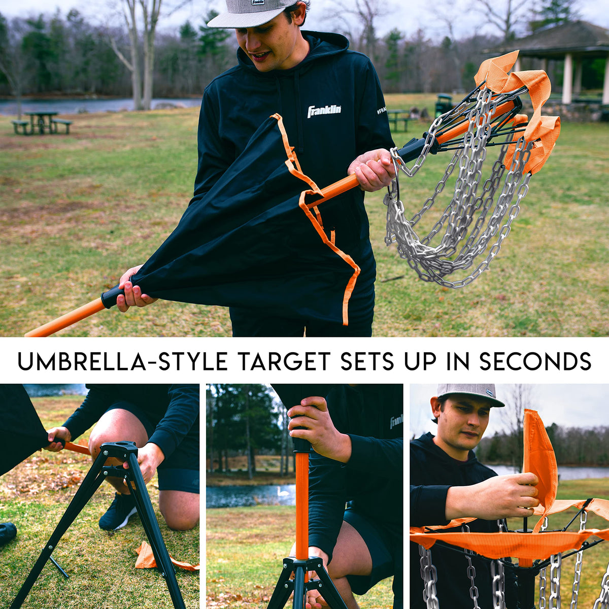 Durable steel chains and nylon basket on Franklin Sports target