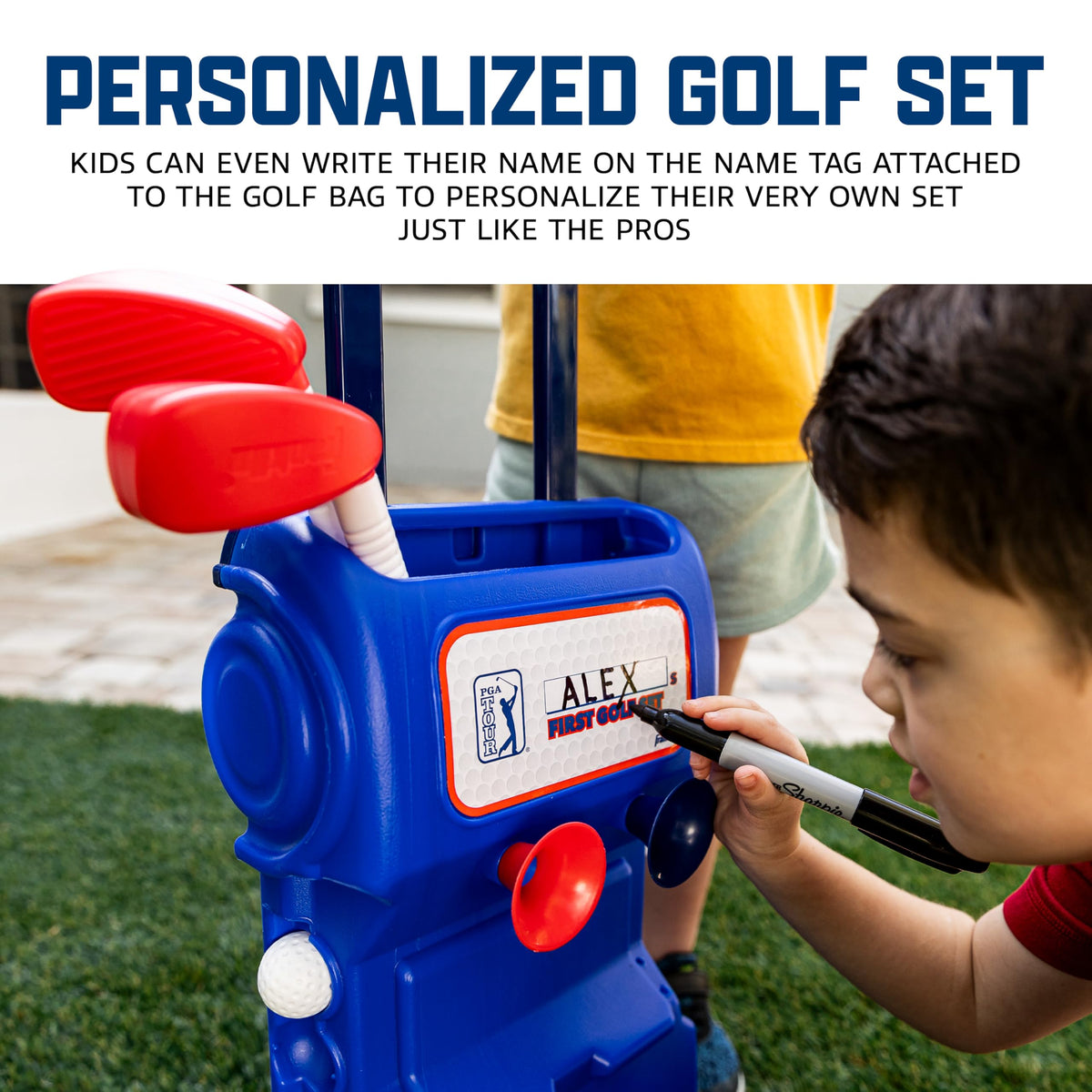 Holes and flags from Franklin MyFirst Golf Set enable backyard mini-course