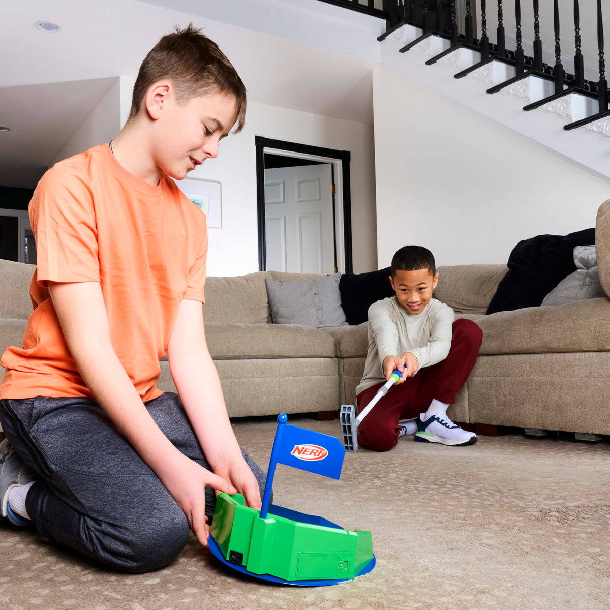 Compact Nerf Pivot Putt setup ideal for small spaces and family play
