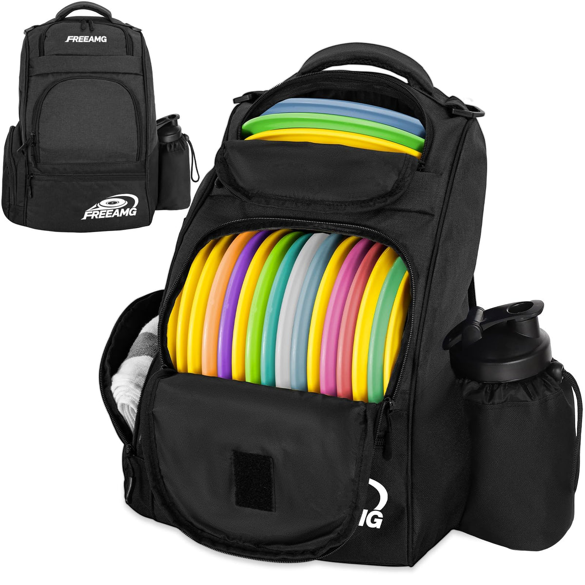 FreeAMG disc golf bag showing expansive main compartment for 25+ discs, ideal for rounds.
