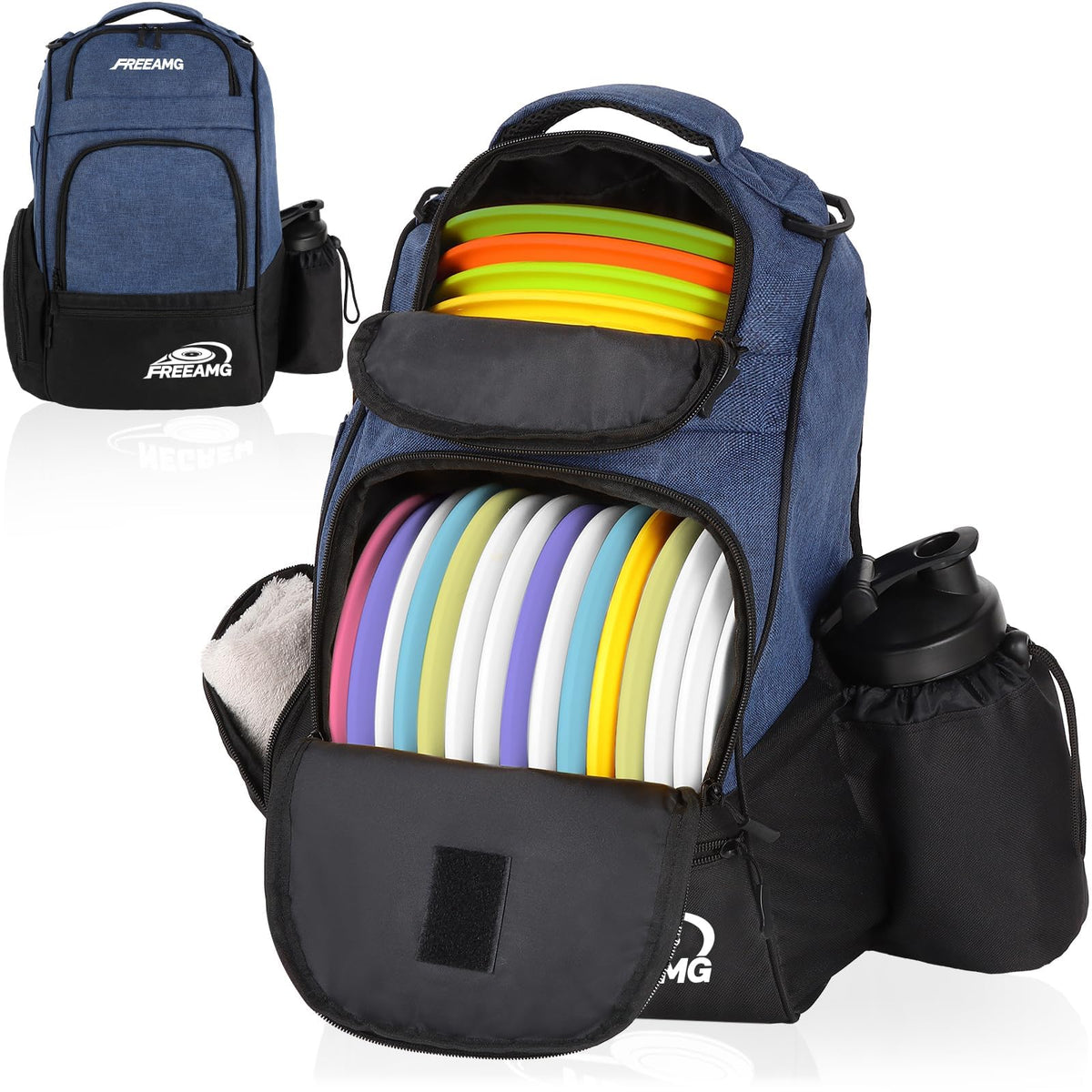 FreeAMG disc golf bag holds 10-25+ discs, ideal for quick rounds and tournament days.