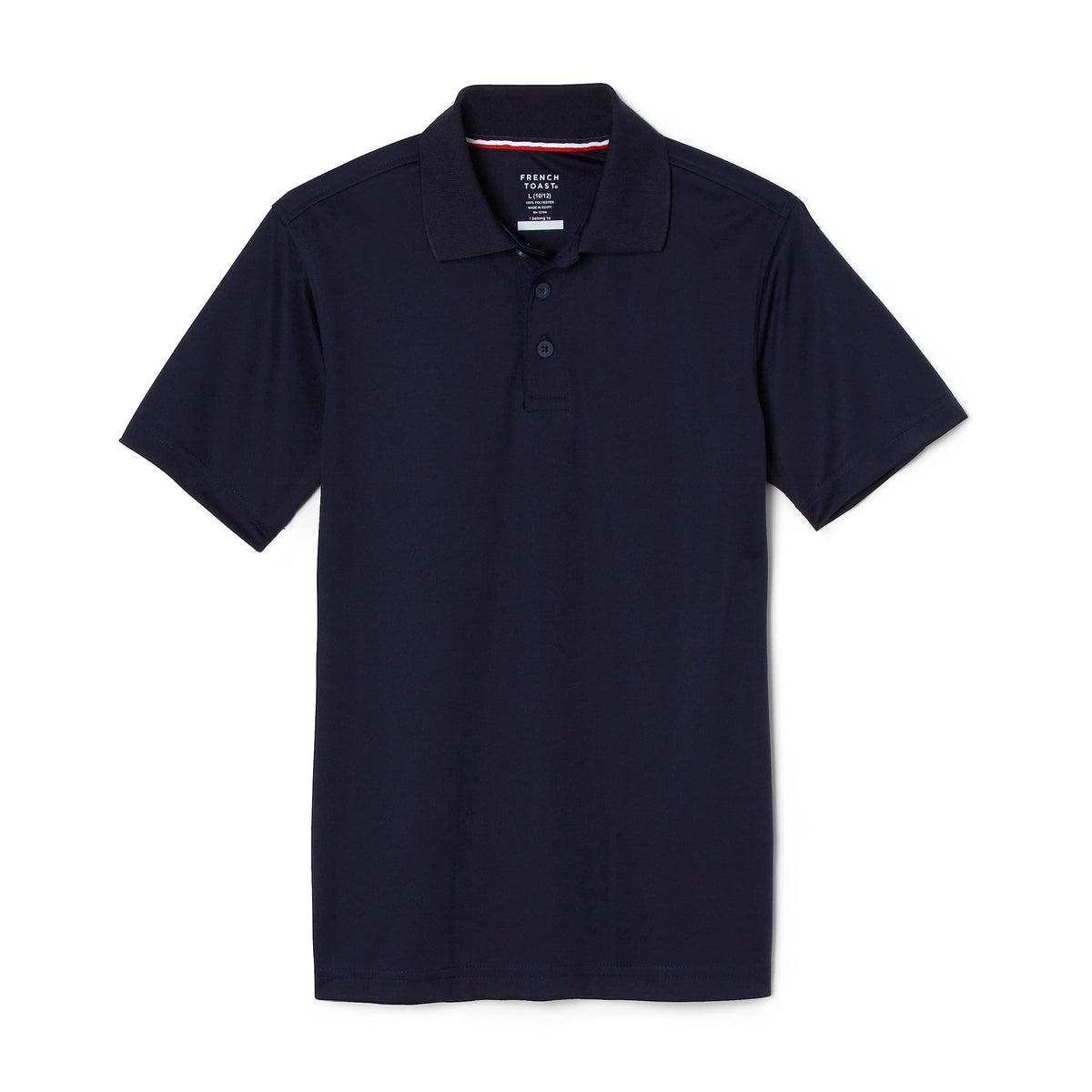 French Toast men's short sleeve moisture-wicking polo, front view, keeps him cool in class.
