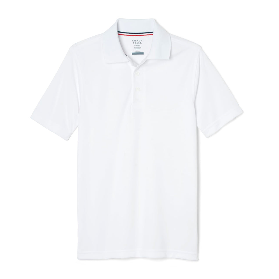 French Toast moisture-wicking polo front view keeps him cool in class and after school.