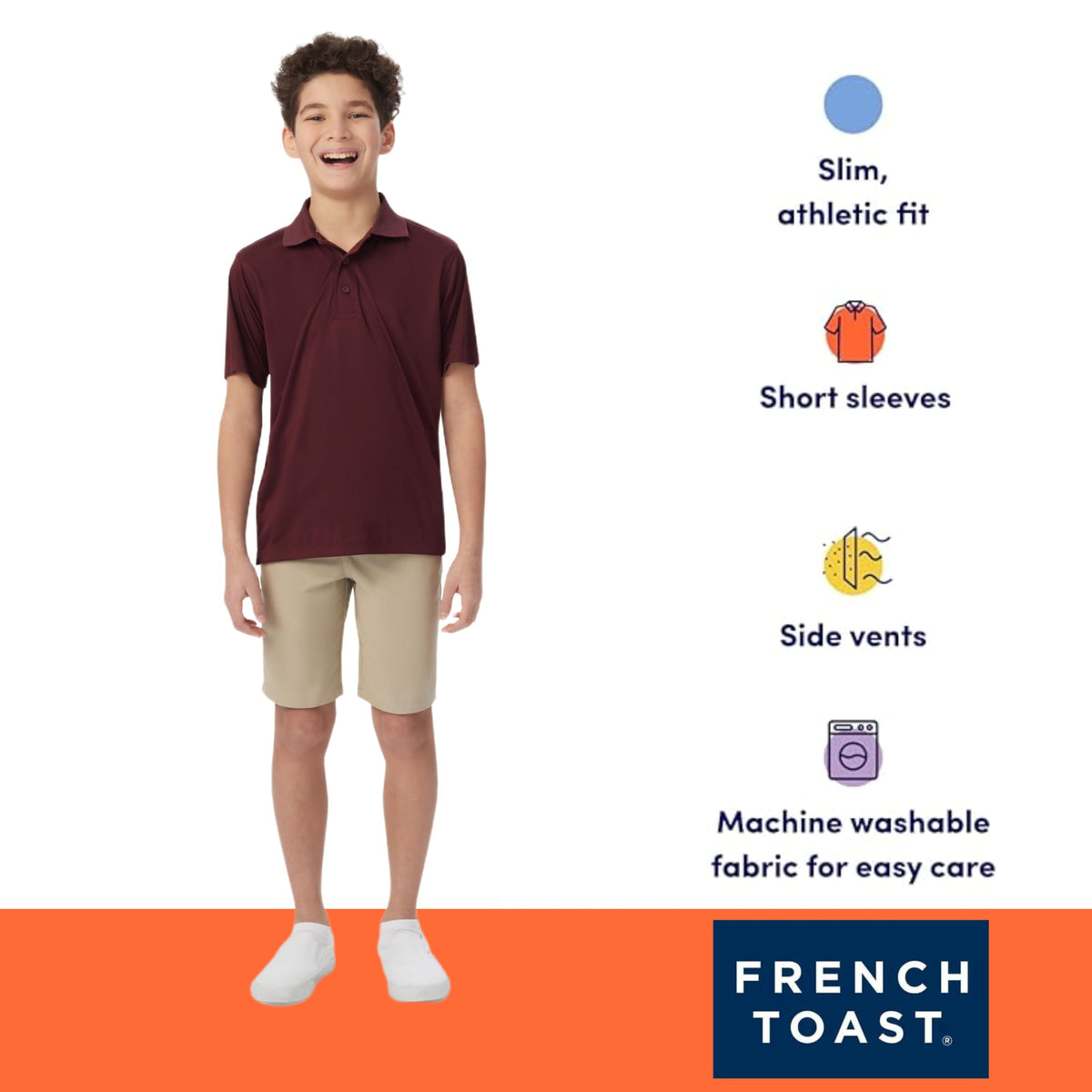 French Toast Young Men's polo fabric close-up, soft touch and tagless comfort.