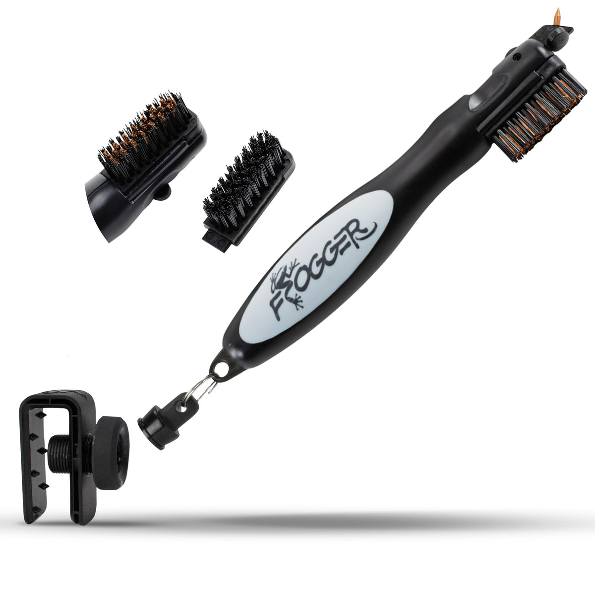 Frogger BrushPro with ergonomic grip cleans clubs quickly between shots