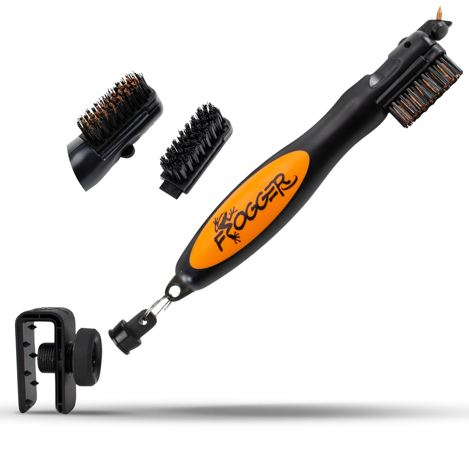 Frogger BrushPro Latch-It golf club cleaner with orange body for quick, safe cleaning between shots