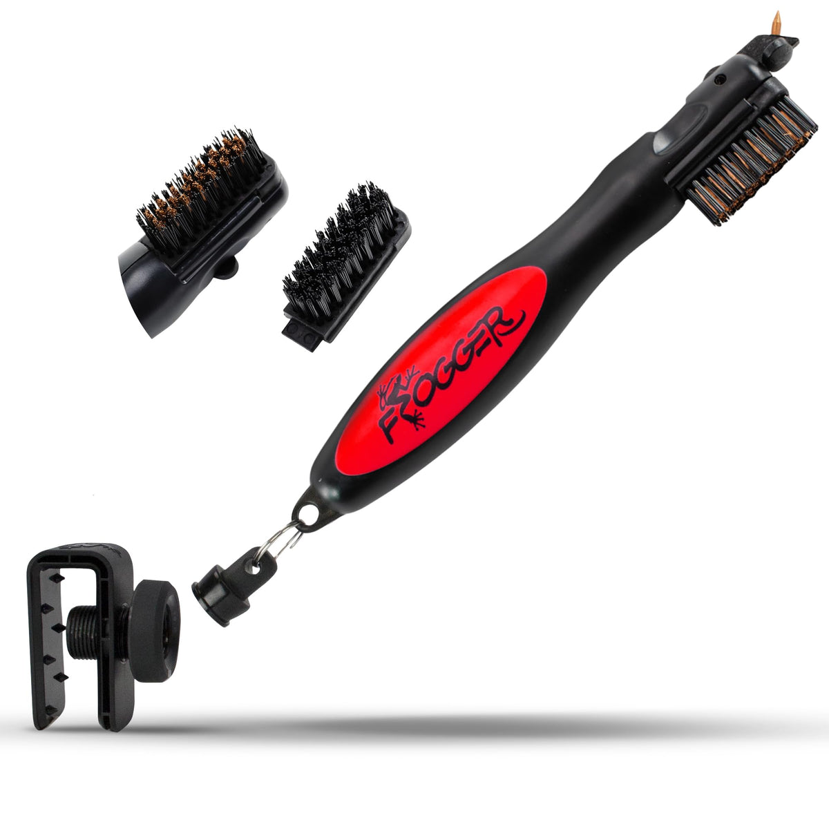 Frogger BrushPro latch-it golf club cleaner in red highlights pristine grooves for a sharp on-course clean.