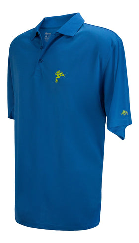 Frogger Golf polo shirt front view in blue-neon-green, breathable StretchTech for comfort.