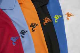 Frogger Golf polo button closure detail emphasizing easy adjustments.