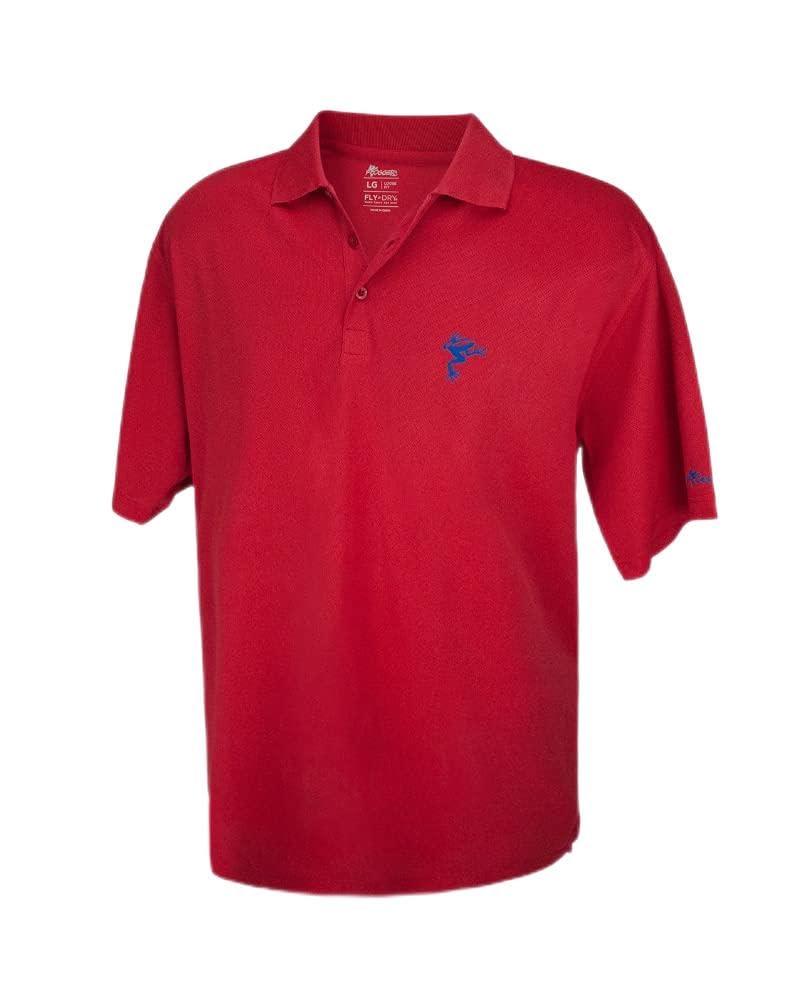Frogger Golf men's polo front view in red/blue, stylish and breathable on course